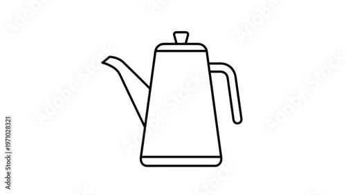Simple black and white line drawing of a tall kettle with a spout and handle is shown on a clean white background in a minimalist style.