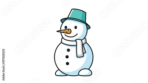 Friendly snowman with three black buttons, a carrot nose, and a teal hat wears a white scarf against a plain white background illustration.