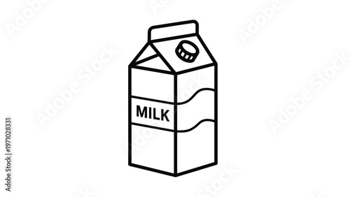 Minimalist black and white line art illustration of a fresh milk carton with a screw cap and a decorative label with text.