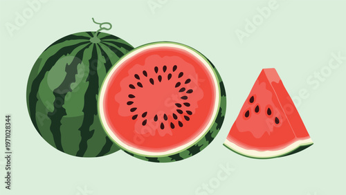 Fresh summer watermelon collection featuring a whole fruit, a halved section showing seeds, and a triangular slice.
