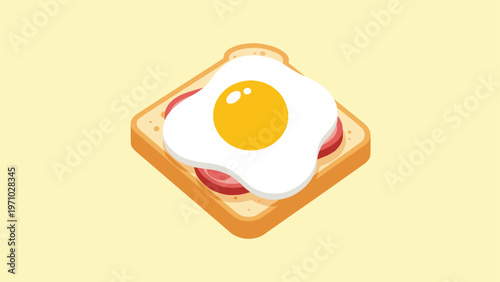 Delicious sunny side up fried egg served on a piece of golden brown toast with layers of pink ham for a healthy breakfast.
