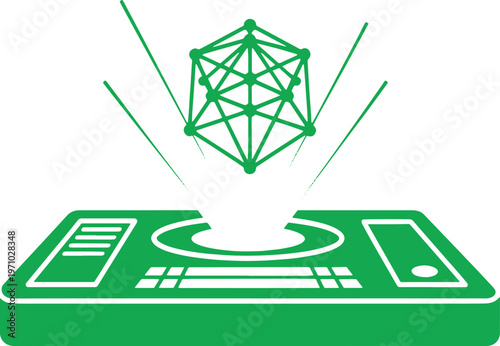 Green 3 D Network Diagram Over a Green Tablet Device with White nodes connections