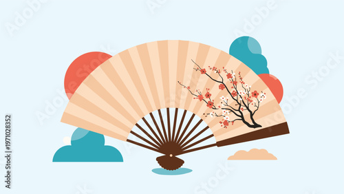 Beautifully decorated folding fan featuring a painted cherry blossom tree against a background of soft colorful shapes.
