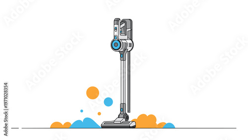 Modern cordless stick vacuum cleaner with a sleek blue and silver design shown in a clean digital illustration.