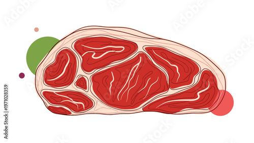 Large cut of fresh raw beef showing muscle fibers and fat distribution against a background of colorful circles.