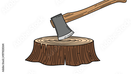 Close up of a heavy duty metal axe embedded in a thick weathered tree stump against a plain white background for woodworking.
