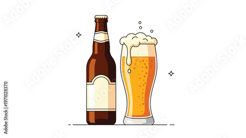 Brown glass beer bottle stands next to a tall glass filled with golden ale and thick white foam, featuring a clean vector illustration style.
