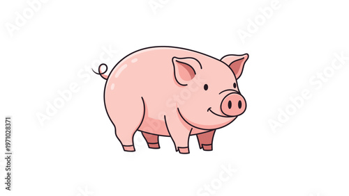 Cheerful pink domestic pig character standing on a white background in a simple and clean cartoon style vector illustration.