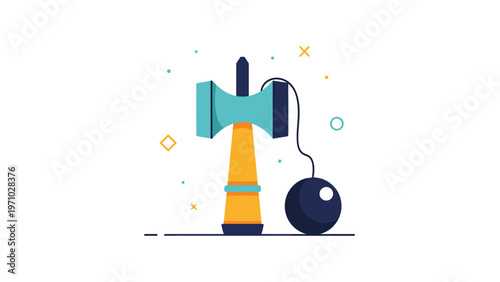 Traditional Japanese kendama toy is shown with a teal hammer and dark blue ball on a string, surrounded by small geometric shapes on white.