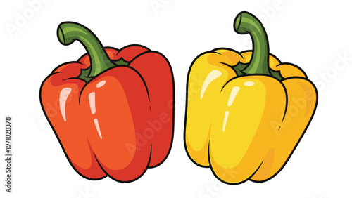 Pair of fresh organic bell peppers in vibrant red and yellow colors with green stems for healthy home cooking and salads.