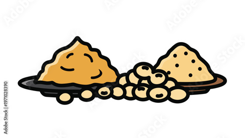 Miso paste and dried soybeans are presented in a simple culinary illustration, showcasing traditional Japanese ingredients for cooking and soup.