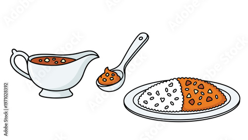Traditional japanese curry rice served on a plain plate with a matching white gravy boat and a spoonful of delicious sauce.