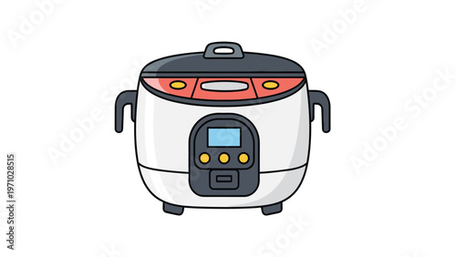 Modern white electric rice cooker with a digital display and control buttons is shown in a clean vector style for kitchen appliance themes.