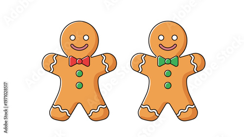 Two happy gingerbread men cookies with bow ties and buttons are depicted in a festive holiday illustration for Christmas or bakery designs.