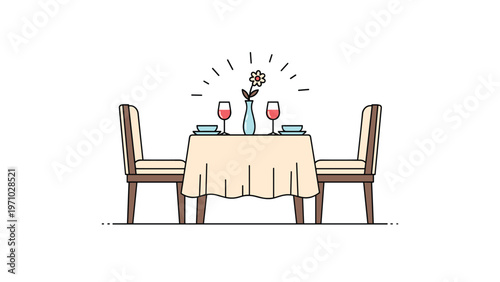 Romantic dining table for two is set with a white tablecloth, wine glasses, plates, and a single flower in a vase for a date night theme.