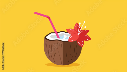 Fresh coconut cocktail is served in a shell with ice, a pink straw, and a red hibiscus flower against a bright yellow summer background.