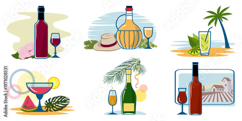 Dolce vita, wine and coctails time. Set of wine and fruits still life. Vector illustration.