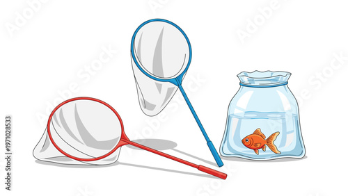Colorful fishing nets in red and blue stand alongside a goldfish swimming inside a clear plastic bag filled with water on white background.