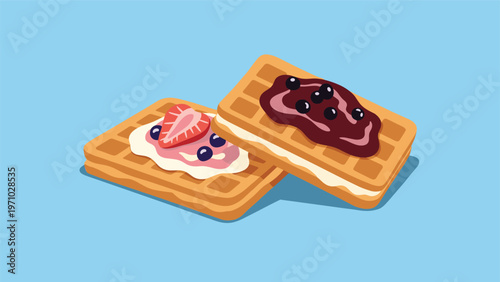 Two square waffles topped with creamy white sauce, fresh strawberries, and dark berry jam are presented on a light blue background in vector.