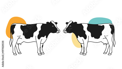 Two black and white cows face opposite directions in a clean vector illustration with simple colored shapes, ideal for dairy or farm themes.