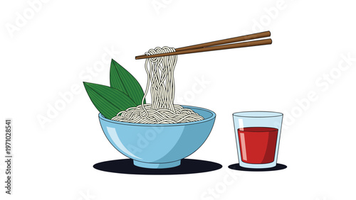 Traditional japanese soba noodles are served in a blue bowl with bamboo leaves and a side of red dipping sauce with wooden chopsticks.