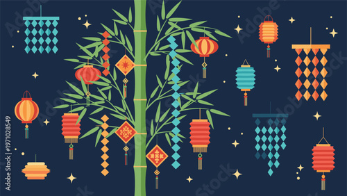 Festive tanabata bamboo tree is decorated with colorful paper lanterns, streamers, and stars against a dark blue night sky background area.