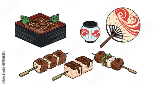Collection of japanese summer items including unagi eel over rice in a box, grilled skewers, a paper lantern, and a folding fan on white.