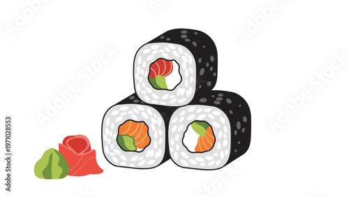 Stack of three sushi rolls filled with salmon and avocado is served with wasabi and pickled ginger on a clean white background illustration.