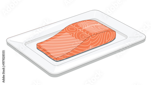 Fresh raw salmon fillet with characteristic orange color and white fat lines is placed on a white rectangular tray for cooking preparation.