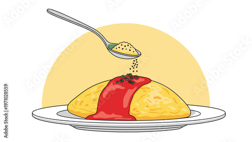 Fluffy yellow omelet covered in red tomato sauce is being seasoned with black pepper from a metal spoon on a white plate with sun backdrop.