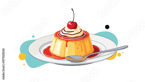 Delicious caramel custard pudding topped with a swirl of whipped cream and a red cherry is served on a white plate with a silver spoon.