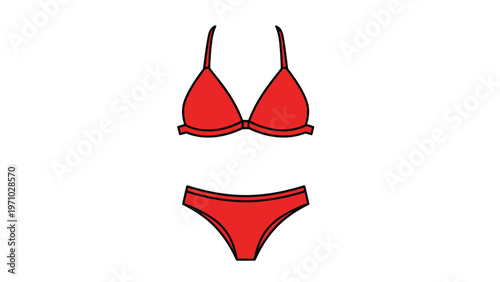 Bright red two-piece bikini set is illustrated in a flat vector style on a white background representing summer fashion and beachwear.
