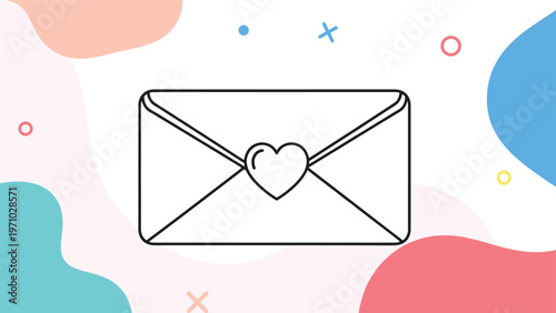 Simple line drawing of an envelope features a small heart sticker on the flap against a playful background with colorful abstract shapes.