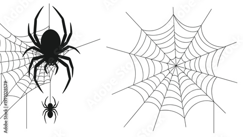 Black spiders of different sizes are shown hanging from intricate spider webs in a simple black and white graphic illustration for Halloween.