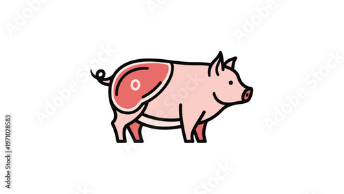 Side view of a pink pig features a highlighted meat cut diagram on its hind leg to represent different types of pork and butchery guides.
