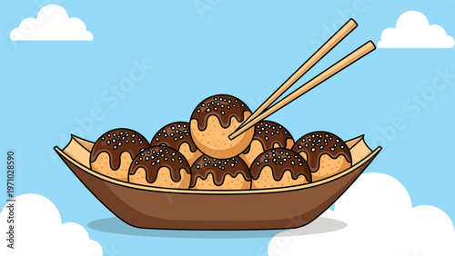 Large boat shaped dish is filled with many pieces of takoyaki while a single piece is lifted with a pair of wooden chopsticks in the sky.