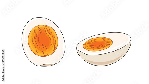 Two halves of a hard boiled egg with bright orange yolks and white centers are presented on a clean white background in vector illustration.