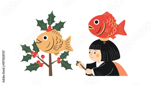 Creative illustration shows a young girl wearing a red fish decoration and a golden fish perched on a winter holly branch.