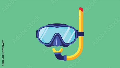 Blue diving mask and yellow snorkel for underwater exploration are presented in a flat design style against a green background.