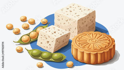 Composition of traditional soy-based foods including tofu blocks, fresh soybeans in pods, and a decorative lunar mooncake.