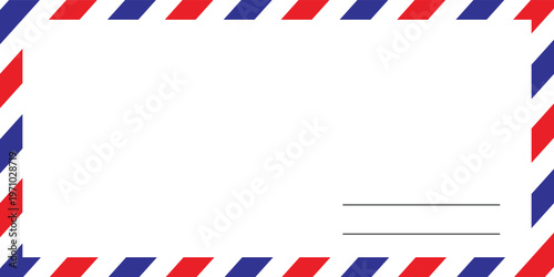Airmail envelope frame with blue and red stripes on white background. International vintage letter border. Retro air mail postcard. Blank envelope. Vector illustration isolated on white background
