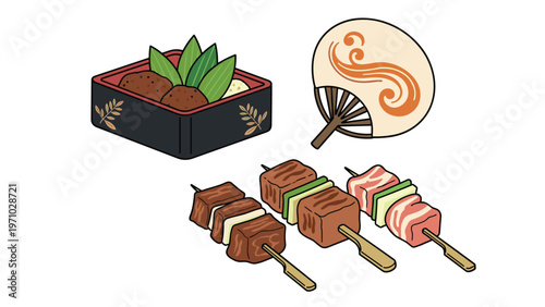 Assorted japanese delicacies including a bento box with greens, yakitori meat skewers, and a decorative wave pattern fan.