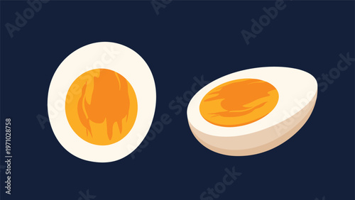 Two halves of a perfectly cooked hard-boiled egg show the bright orange yolk against a dark blue background for nutrition.