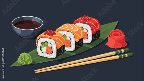Exquisite sushi platter features salmon and tuna rolls with red roe, served with wasabi, ginger, and a bowl of soy sauce.