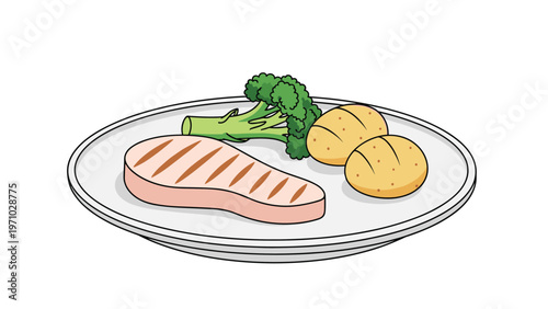 Health-conscious meal features a grilled fish fillet served with steamed broccoli and roasted potatoes on a white plate.