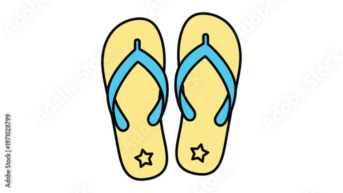 Pair of yellow beach flip-flops with bright blue straps and star details are shown in a flat vector style on a plain white background.