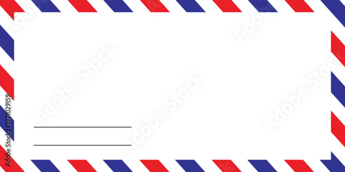 Airmail envelope frame with blue and red stripes on white background. International vintage letter border. Retro air mail postcard. Blank envelope. Vector illustration isolated on white background