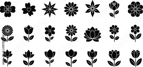 Floral silhouettes collection featuring decorative flowers, blossoms and lotus shapes, black isolated vector set for botanical, nature and design projects