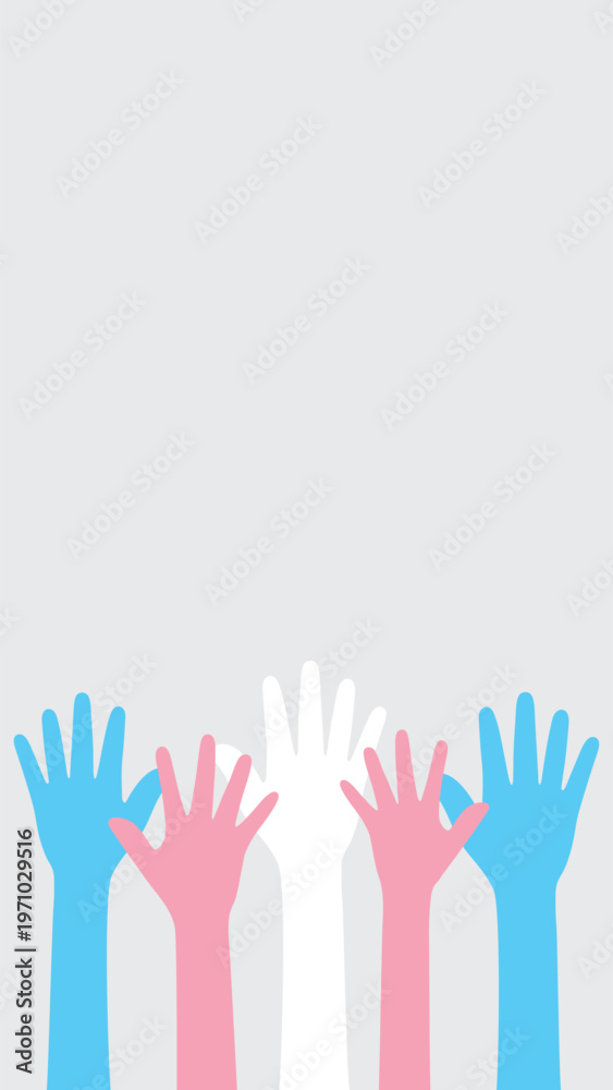 Obraz premium Silhouette of blue, pink and white colored hands as the colors of the transgender flag on grey background in vertical layout. Flat design illustration.