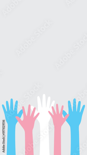 Silhouette of blue, pink and white colored hands as the colors of the transgender flag on grey background in vertical layout. Flat design illustration.